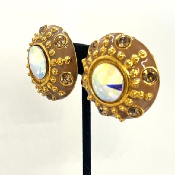 VINTAGE BLANCA AURORA BOREALIS RIVOLI ENAMEL GOLD TONE CLIP EARRINGS SIGNED - Picture 4 of 16